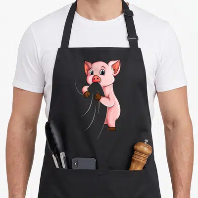Tablier de cuisine noir avec illustration d'un petit cochon rose debout tenant un morceau de tissu gris dans ses mains.