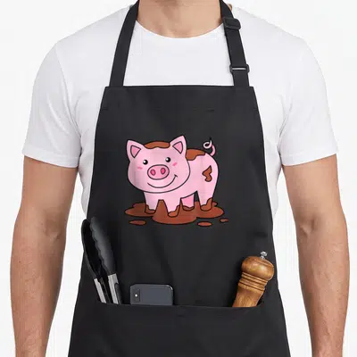 Tablier de cuisine noir avec illustration d'un porcelet rose souriant dans de la boue brune