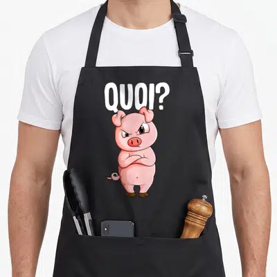 Tablier de cuisine noir avec un cochon rose aux bras croisés et le texte QUOI ? en lettres blanches au-dessus.