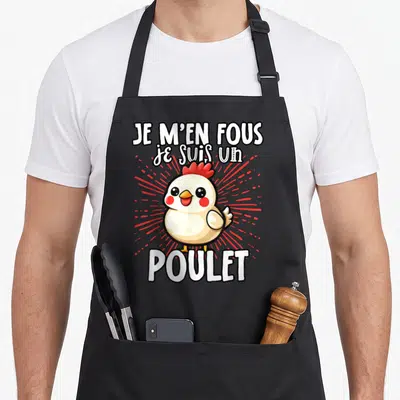 Tablier de cuisine noir avec illustration d'un poulet mignon et le texte Je m'en fous je suis un poulet en blanc.