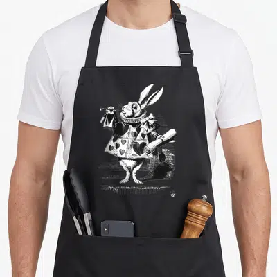Tablier de cuisine noir avec illustration d'un lapin blanc debout vêtu d'un gilet à cœurs tenant une horche et un sifflet.