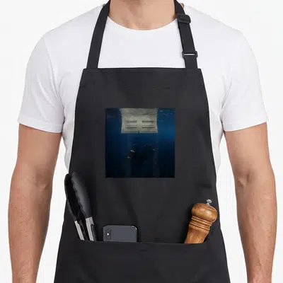 Tablier de cuisine noir avec une silhouette sombre nageant sous une porte blanche immergée dans l'eau bleue.
