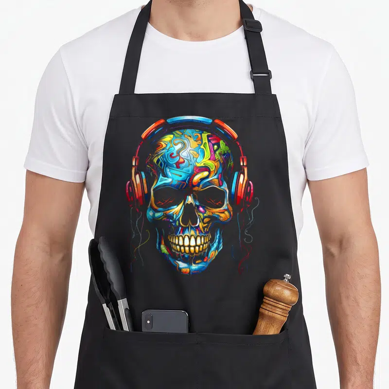 Tablier de cuisine noir avec illustration d'un crâne art géométrique fantaisie colorée portant un casque audio aux tons vifs et abstracts.