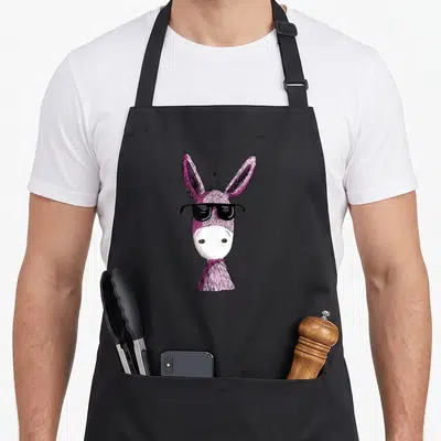 Tablier de cuisine noir avec illustration d'un âne rose portant des lunettes de soleil noires stylisées.