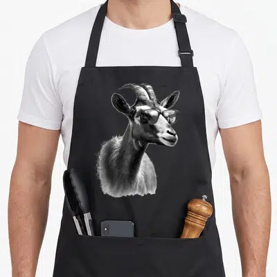 Tablier de cuisine noir avec illustration détaillée d'une chèvre aux cornes incurvées portant des lunettes de soleil modernes.