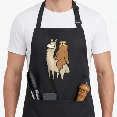 Tablier de cuisine noir avec illustration d'un paresseux marron assis sur le dos d'un lama beige aux contours noirs.