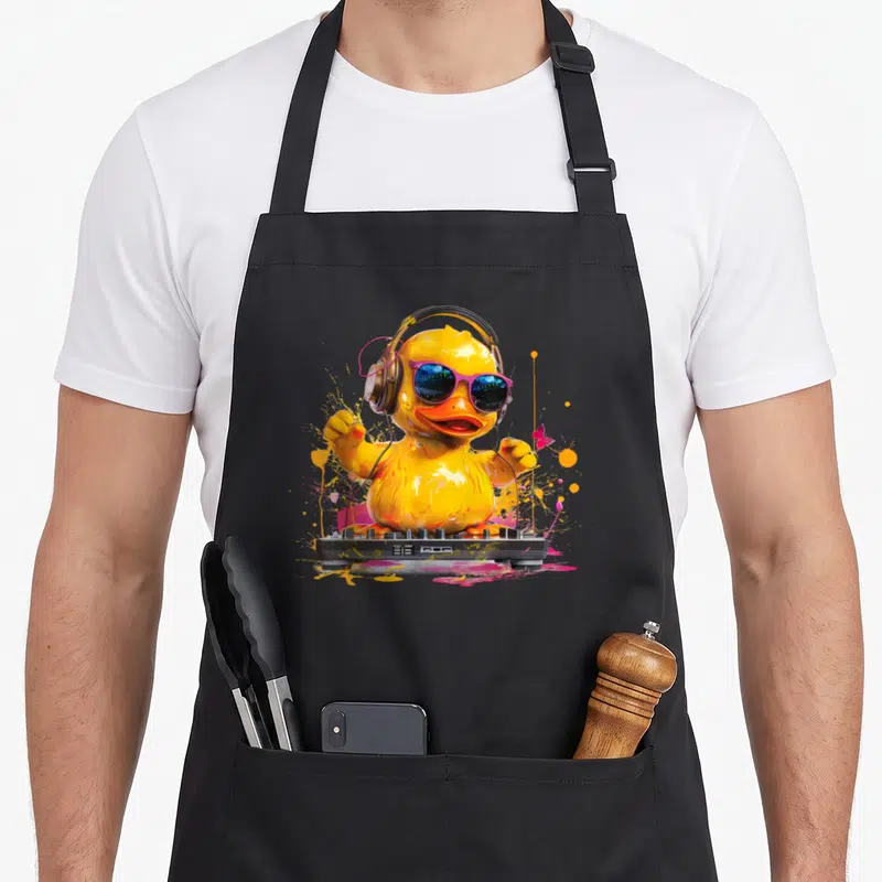 Tablier de cuisine noir avec un canard jaune DJ portant des lunettes de soleil et des écouteurs sur une platine.