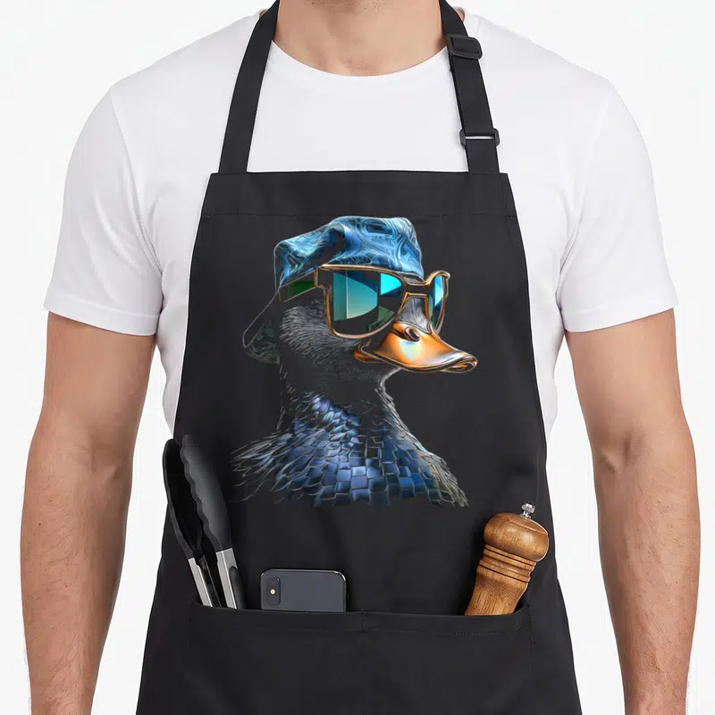 Tablier de cuisine noir avec illustration d'un canard aux verres dorés et plumes numériques bleues.