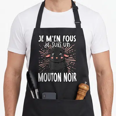 Tablier de cuisine noir avec un mouton noir mignon et le texte Je m'en fous je suis un mouton noir.