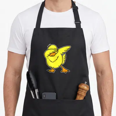 Tablier de cuisine noir avec un canard jaune mignon effectuant une pose dab stylisée.