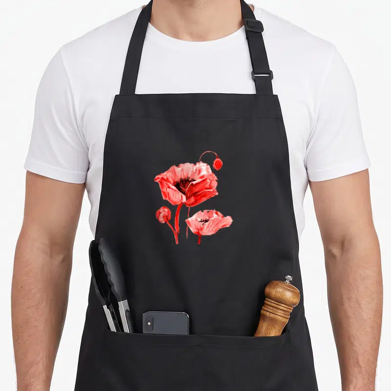 Tablier de cuisine noir avec illustration de coquelicots rouges et de boutons floraux stylisés au centre du torse.