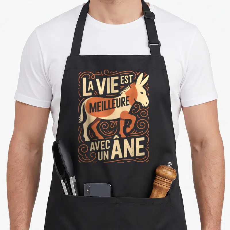 Tablier de cuisine noir avec illustration d'un âne orange et beige et le texte La vie est meilleure avec un âne.
