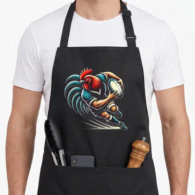Tablier de cuisine noir avec illustration colorée d'un coq de poules joueur de rugby en pleine course.