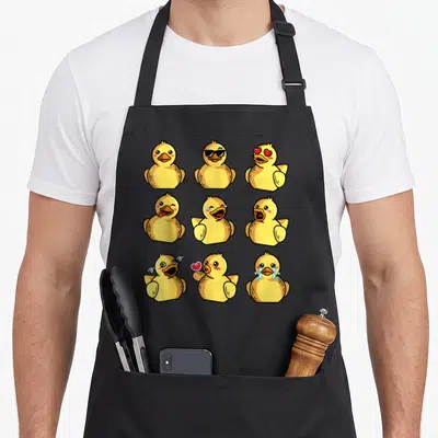 Tablier de cuisine noir avec neuf canards jaunes aux expressions variées incluant des lunettes de soleil et des cœurs rouges.