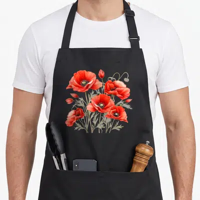 Tablier de cuisine noir avec illustration de fleurs de coquelicots rouges et de feuilles grises style botanique vintage.