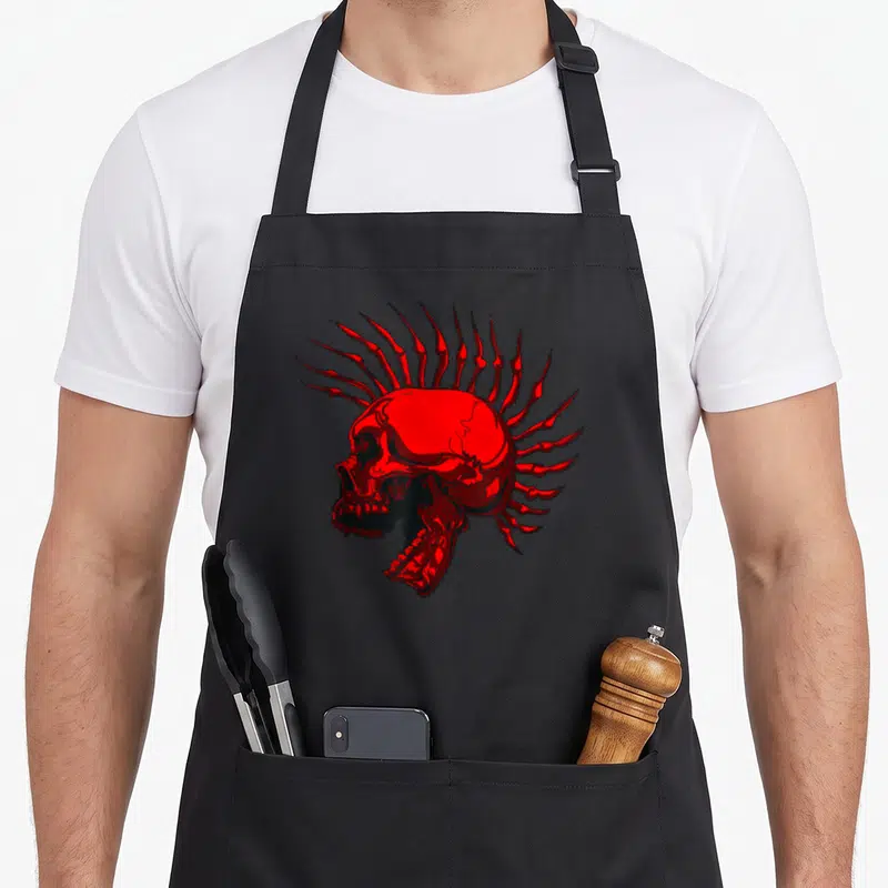 Tablier de cuisine noir avec illustration d'un crâne rouge stylisé punk portant une coiffe d'os pointus en mohawk.