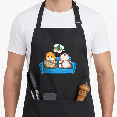 Tablier de cuisine noir avec deux cochons d'Inde sur un canapé bleu lisant un manuel alimentaire.