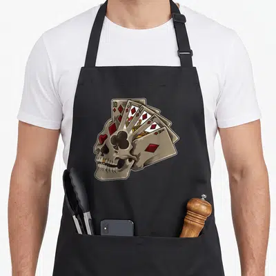 Tablier de cuisine noir avec illustration d'un crâne tenant un brelan de cartes à jouer rouge et noir.