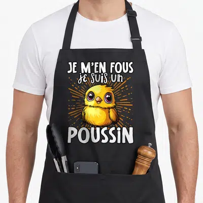 Tablier de cuisine noir avec illustration d'un poussin jaune et texte Je m'en fous je suis un poussin