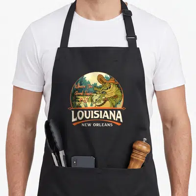 Tablier de cuisine noir avec un alligator vert jouant du banjo sous un chapeau en Louisiane.