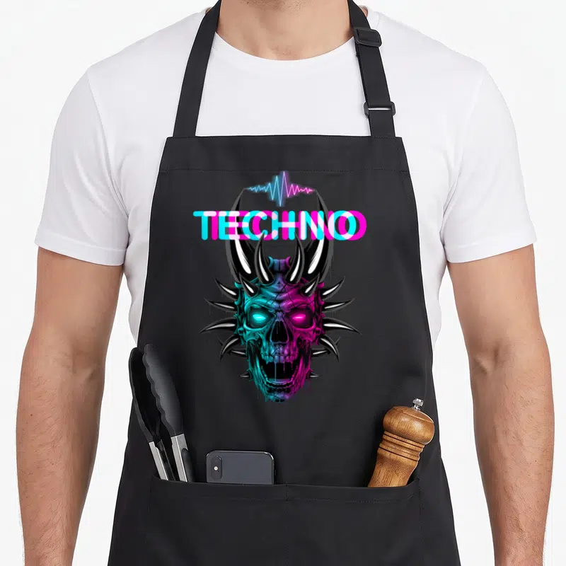 Tablier de cuisine noir orné d'un crâne cornu aux couleurs néon et du mot TECHNO en typographie glitch.