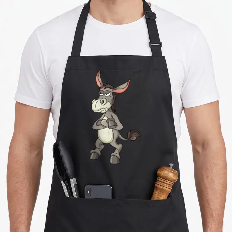 Tablier de cuisine noir avec illustration d'un âne gris têtu les bras croisés et l'air mécontent.