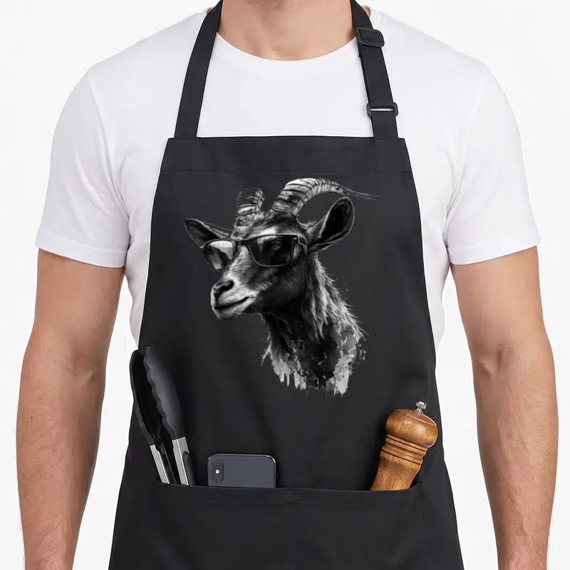 Tablier de cuisine noir avec illustration chèvre lunettes de soleil art noir et blanc style aquarelle