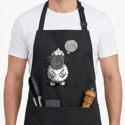 Tablier de cuisine noir avec illustration d'un mouton mignon aux yeux ronds tenant un ballon en laine, style dessin animé noir et blanc.