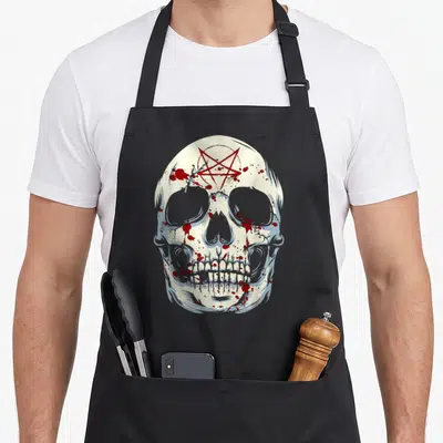 Tablier de cuisine noir avec illustration de crâne blanc, pentacle rouge et éclaboussages sombres sur le devant.