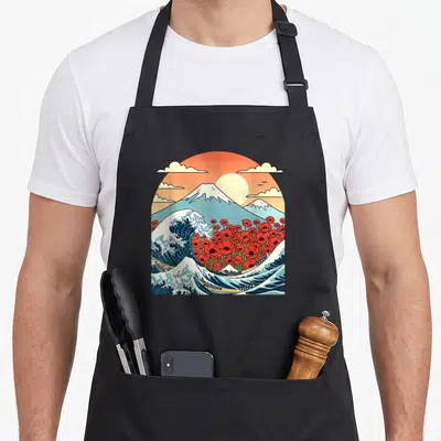 Tablier de cuisine noir avec illustration d'une grande vague bleue, de coquelicots rouges kawaii et d'un mont enneigé au fond.