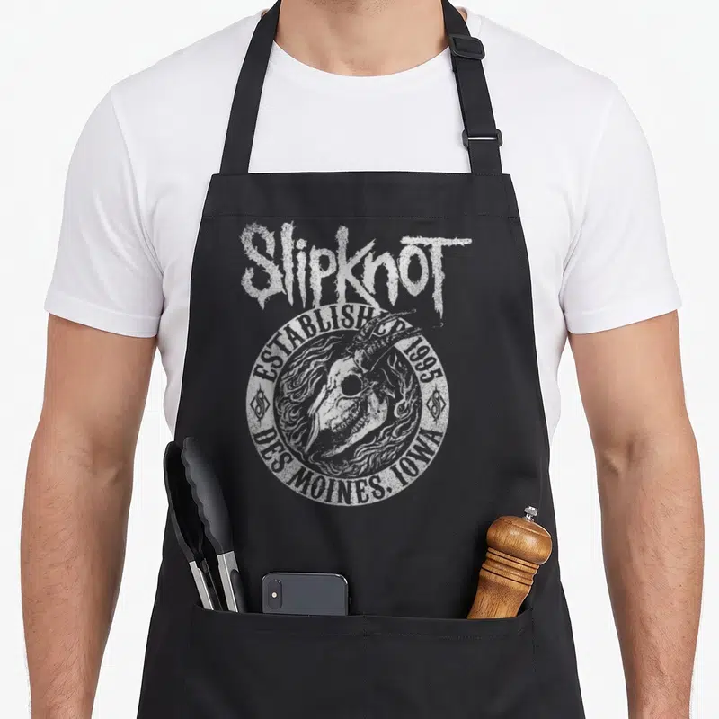 Tablier de cuisine noir avec un crâne de chèvre stylisé et le texte Slipknot Established 1995 Des Moines Iowa imprimé en blanc.