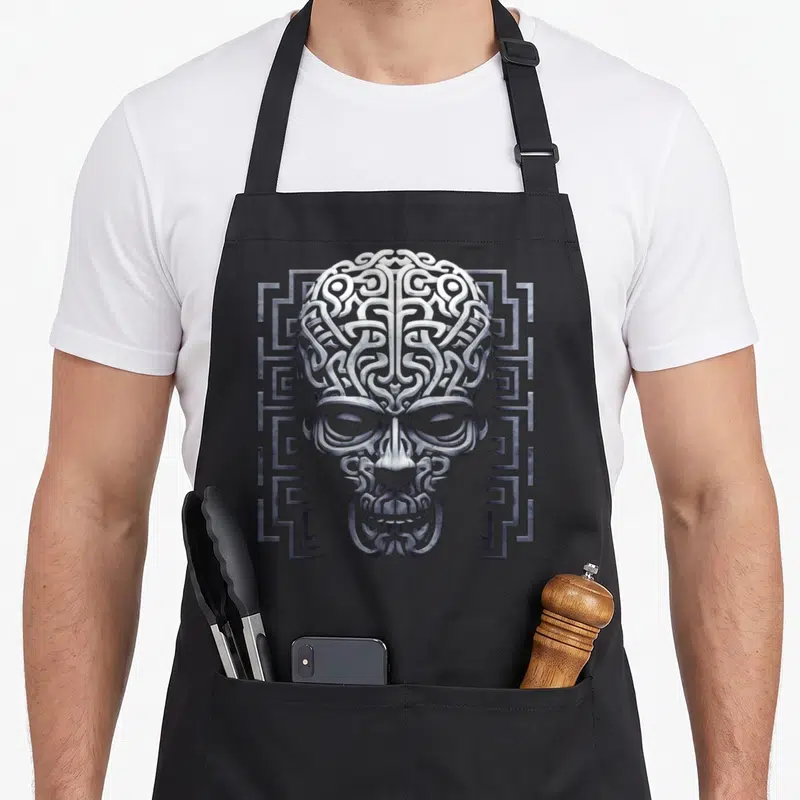 Tablier de cuisine noir avec illustration détaillée d'un crâne orné de motifs mandala et de lignes géométriques argentées.