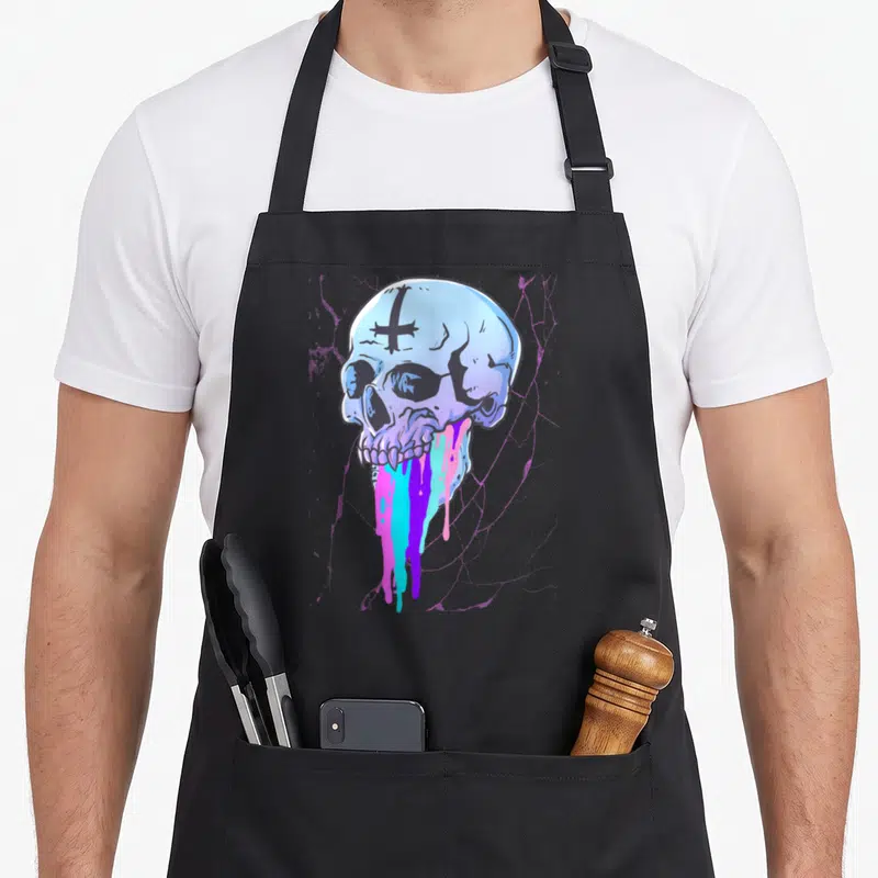 Tablier de cuisine noir avec illustration d'un crâne goth pastel aux couleurs vives et croix sur le front.