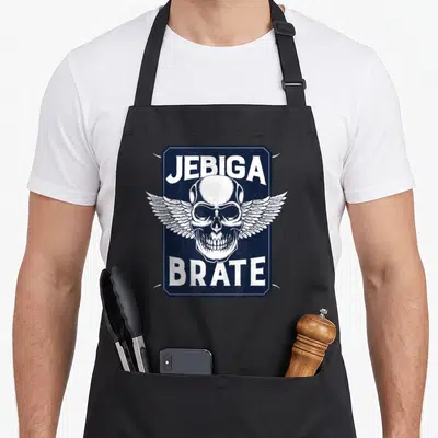 Tablier de cuisine noir avec illustration crâne ailé et texte Jebiga Brate en blanc sur fond bleu marine rectangulaire.