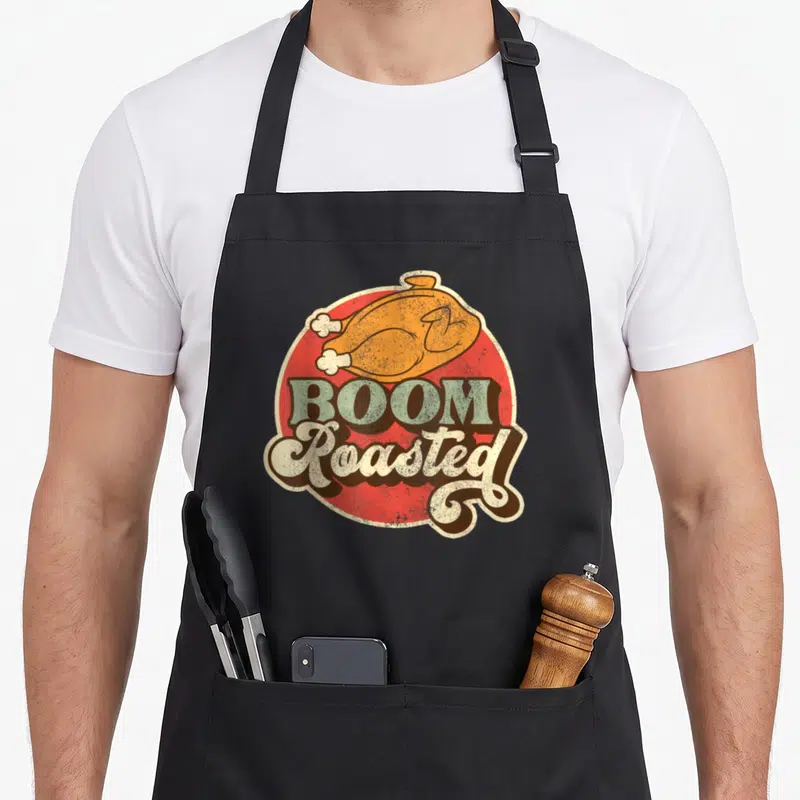 Tablier de cuisine noir avec illustration d'un poulet rôti et texte Boom Roasted en style vintage sur fond rouge.