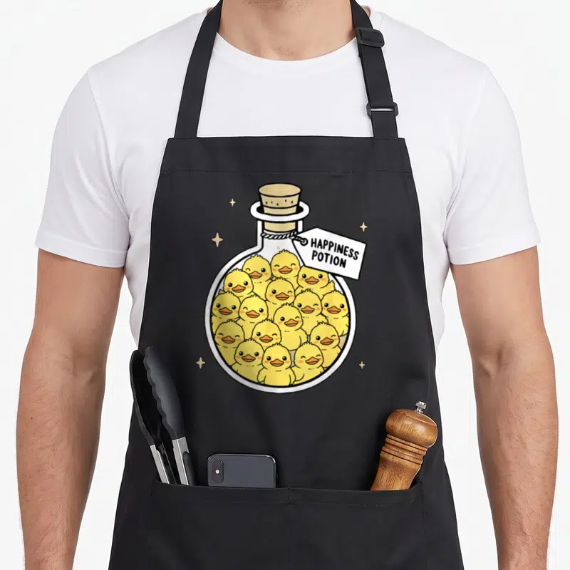 Tablier de cuisine noir avec illustration d'une fiole remplie de canards jaunes et l'étiquette Happiness Potion.