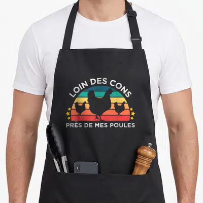 Tablier de cuisine noir avec silhouettes de poules sur fond de soleil vintage coloré et texte humoristique en blanc.