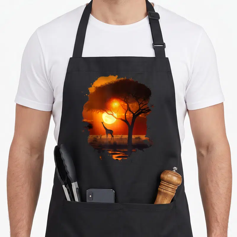 Tablier de cuisine noir avec illustration d'une girafe silhouette sous un arbre au coucher de soleil orange vif.