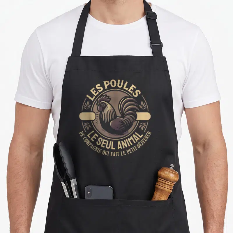 Tablier de cuisine noir avec illustration vintage d'un coq et texte Les Poules le seul animal de compagnie qui fait le petit-déjeuner.