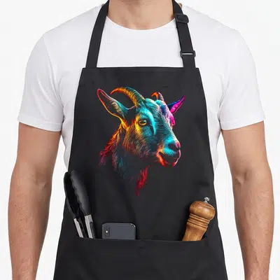 Tablier de cuisine noir avec une tête de chèvre aux couleurs et au style graphique détaillé.