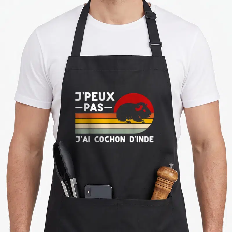 Tablier de cuisine noir avec illustration vintage d'un cochon d'inde et texte blanc J'peux pas j'ai cochon d'inde.
