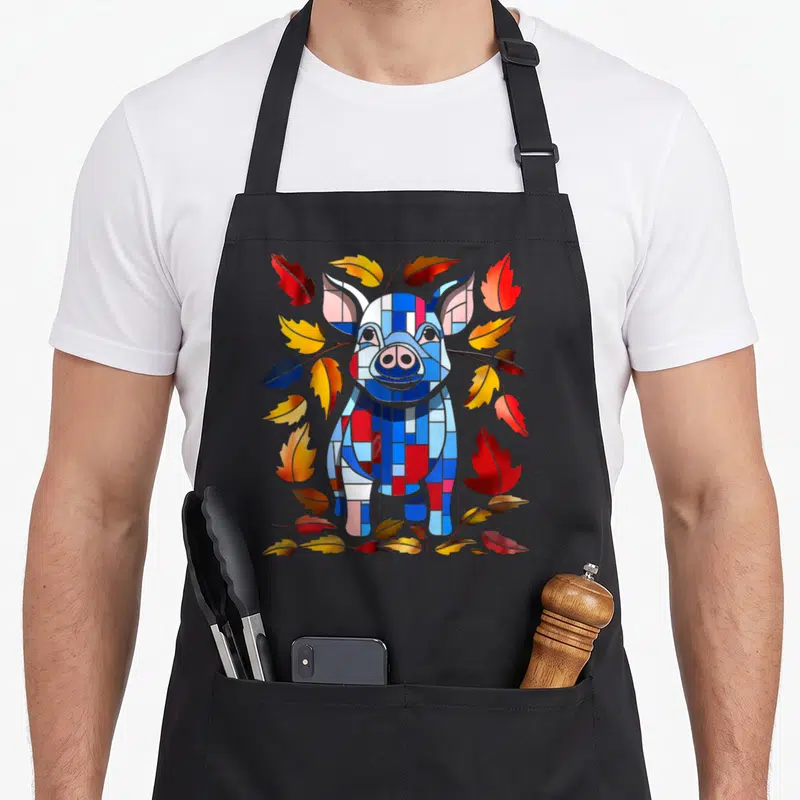 Tablier de cuisine noir avec illustration géométrique d'un porc bleu encadré par des feuilles rouges et jaunes automnales.