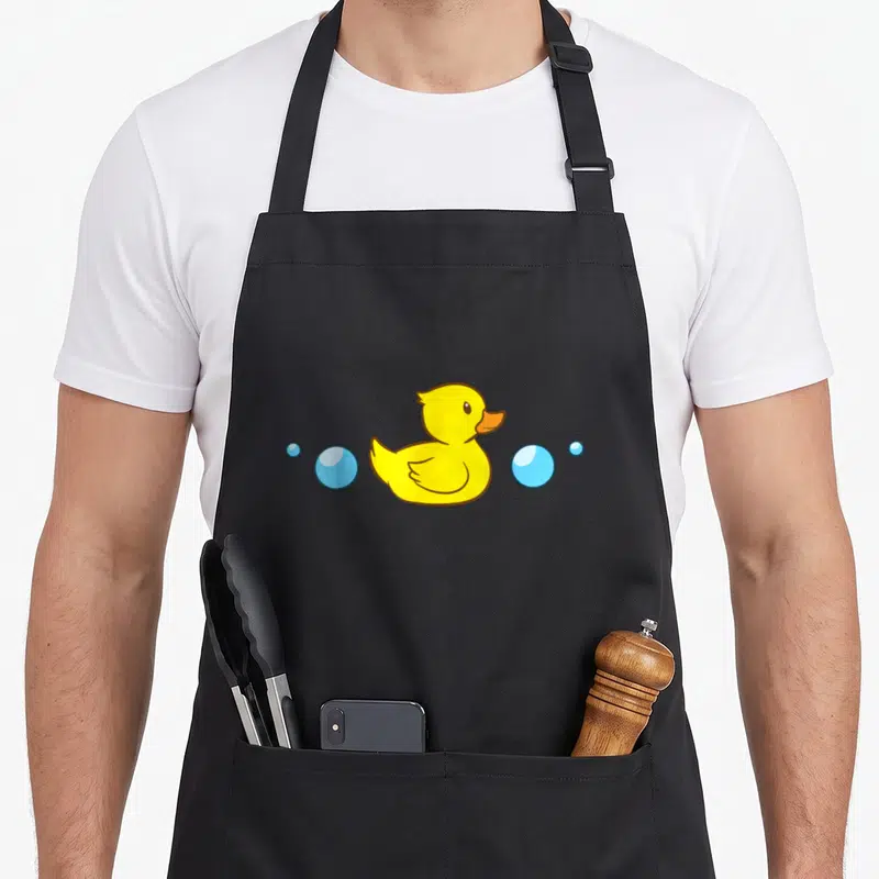 Tablier de cuisine noir avec un canard en caoutchouc jaune entouré de bulles d'eau bleues.