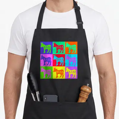 Tablier de cuisine noir avec neuf cases colorées représentant des ânes stylisés en pop art avec des étoiles sur le dos.