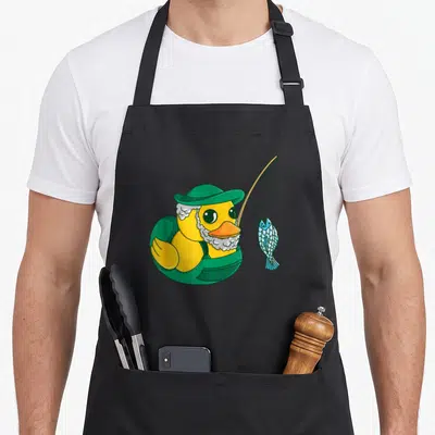 Tablier de cuisine noir avec un canard jaune en caoutchouc portant une barbe et pêchant un poisson bleu.