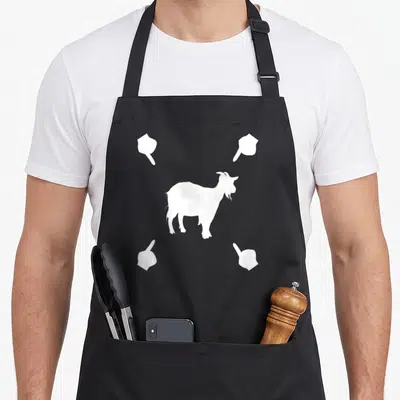 Tablier de cuisine noir avec silhouette blanche de chèvre et quatre mains pointant vers elle.