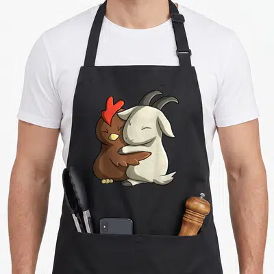 Tablier de cuisine noir avec illustration d'un poulet brun et d'une chèvre blanche s'encourageant tendrement.