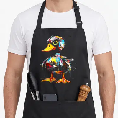 Tablier de cuisine noir avec un canard art graphique aux couleurs vives et style peinture abstraite.