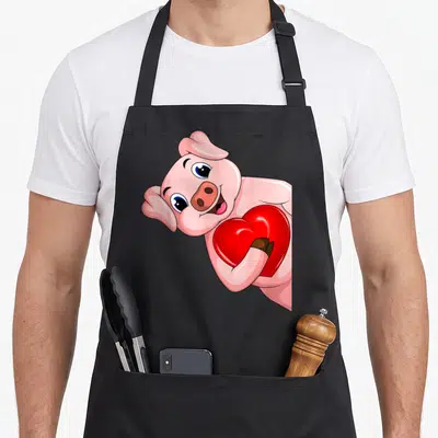 Tablier de cuisine noir avec illustration d'un cochon rose tenant un grand cœur rouge brillant dans ses bras.