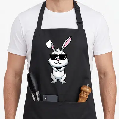 Tablier de cuisine noir avec illustration d'un lapin blanc aux lunettes noires et oreilles dressées, l'une pliée.